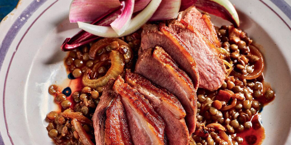 Roast duck and Puy lentils