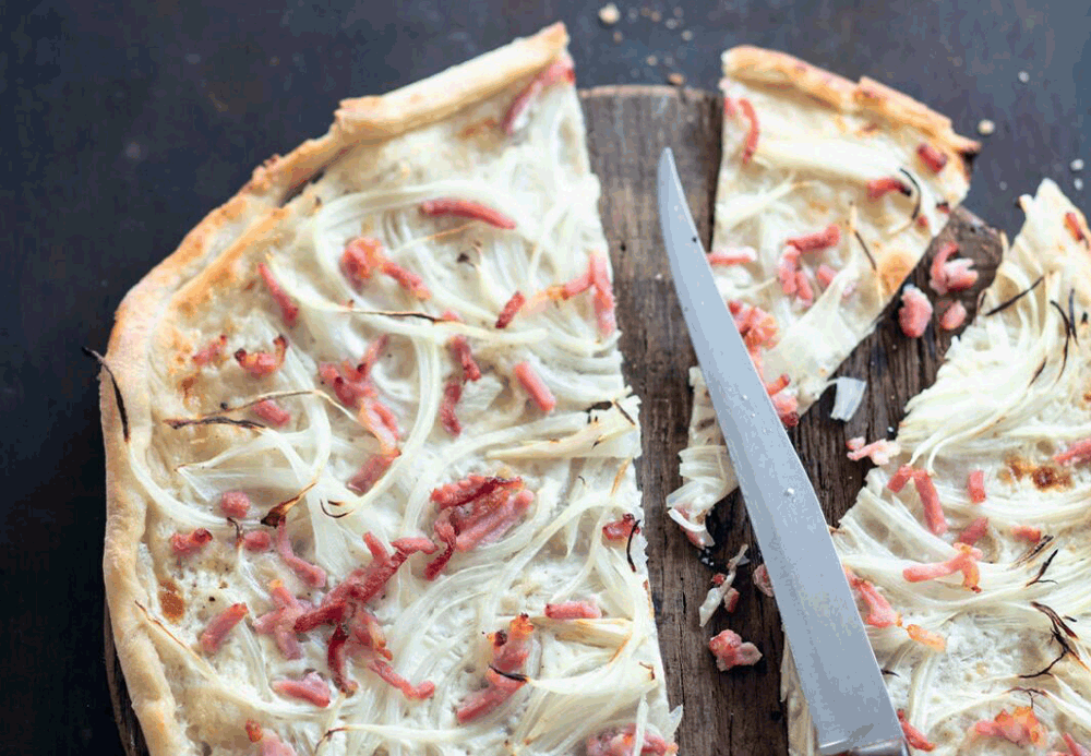 Flammenküche with smoked bacon and tangy onions