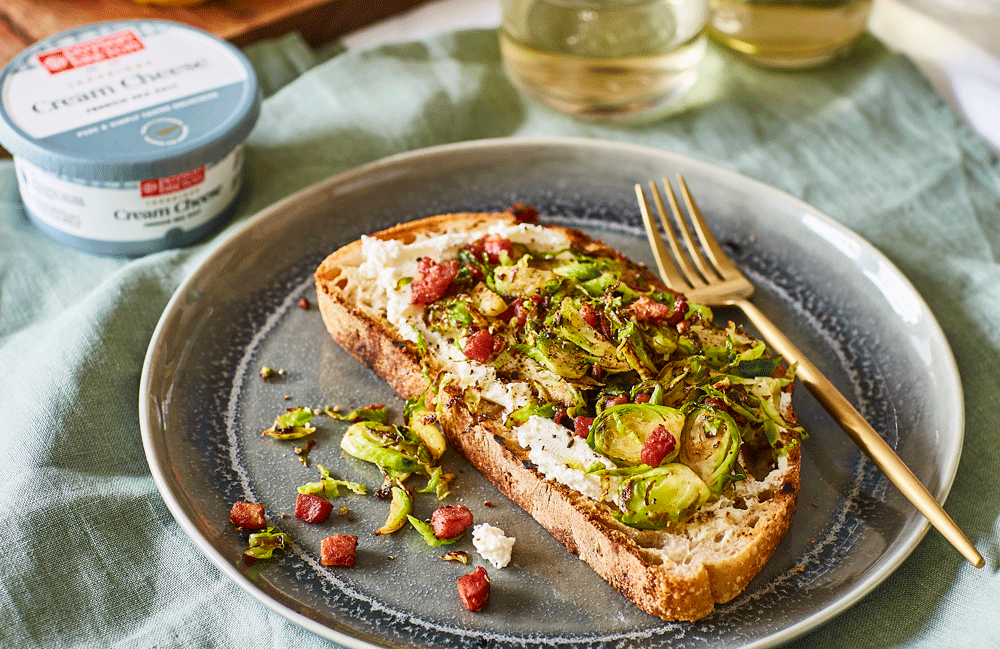 Shredded brussels sprouts, pancetta and French sea salt cream cheese on toasted sourdough