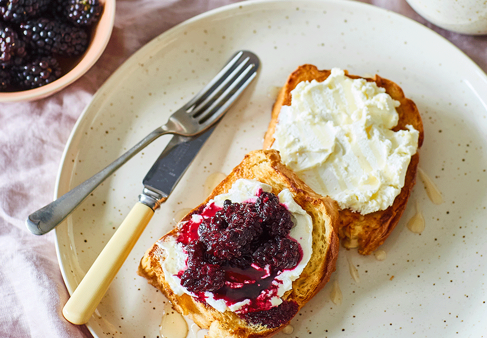 Stewed vanilla blackberries and French sea salt cream cheese on brioche toast
