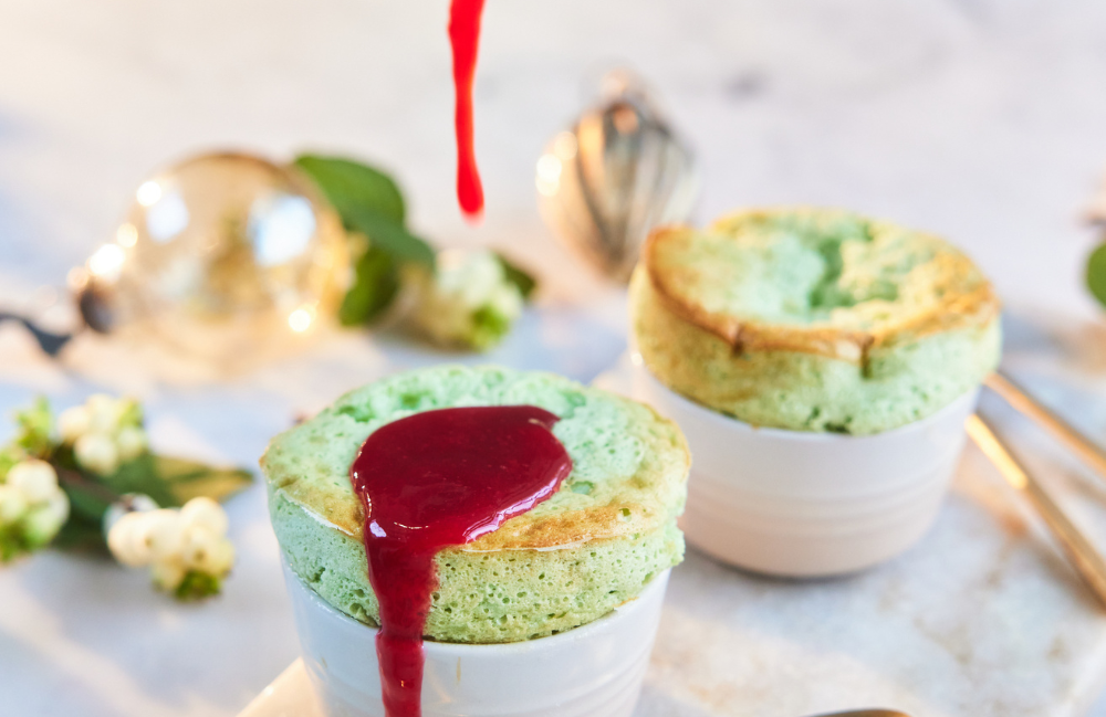 Pistachio soufflés with cranberry coulis