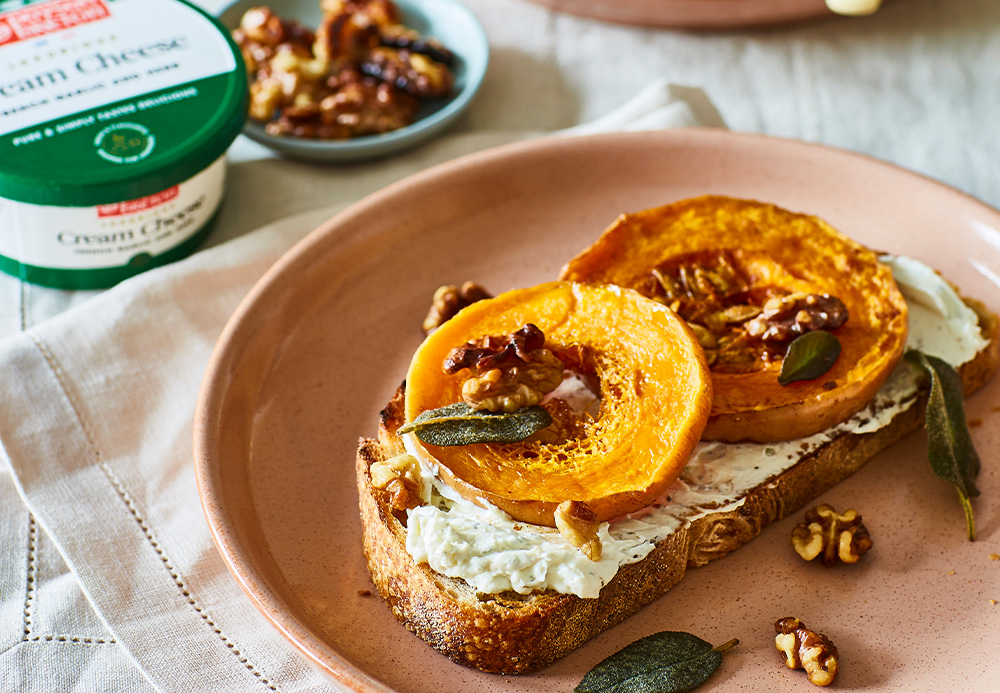 Roasted Pumpkin and French Garlic & Herb Cream Cheese on Rye Toast