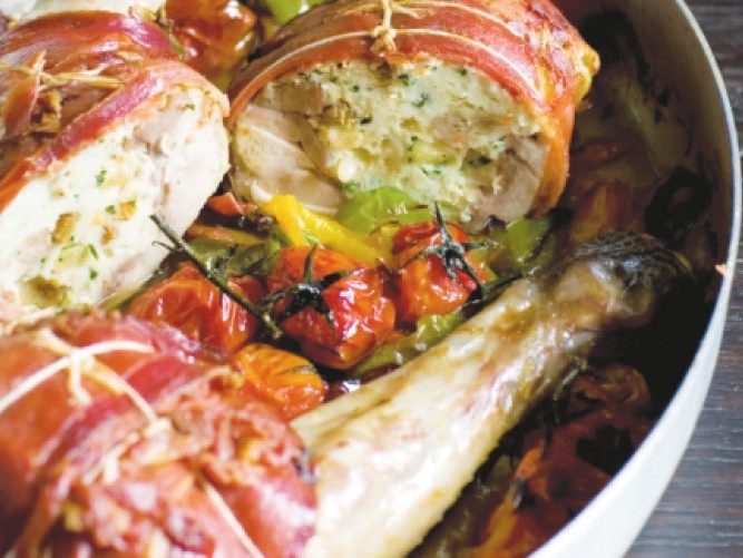 French roast chicken stuffed with fruits and nuts