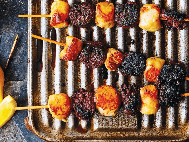 Scallops and boudin noir skewers