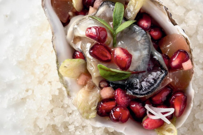 Poached oysters with pomegranate sauce vierge by Ferrandi School of Culinary Arts