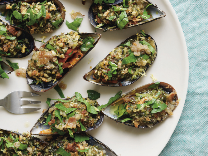 Trish Deseine's Grilled mussels with almond and cilantro pesto