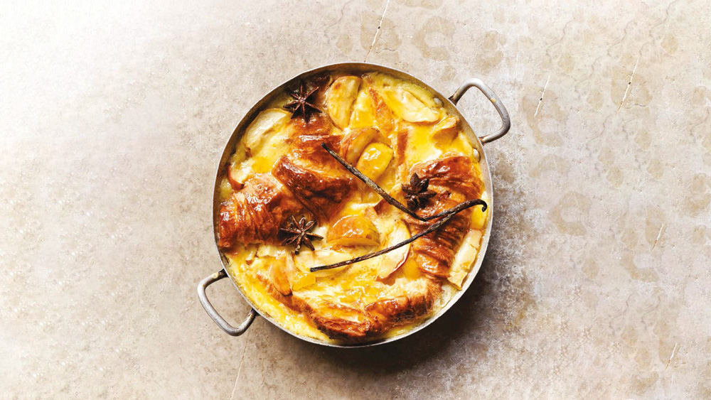 Apple and Calvados croissant butter pudding