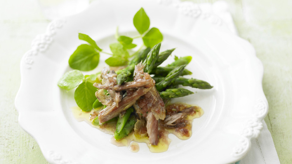 Confit of duck salad with new season asparagus