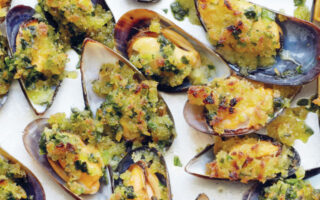 Grilled wild garlic/ramps mussels