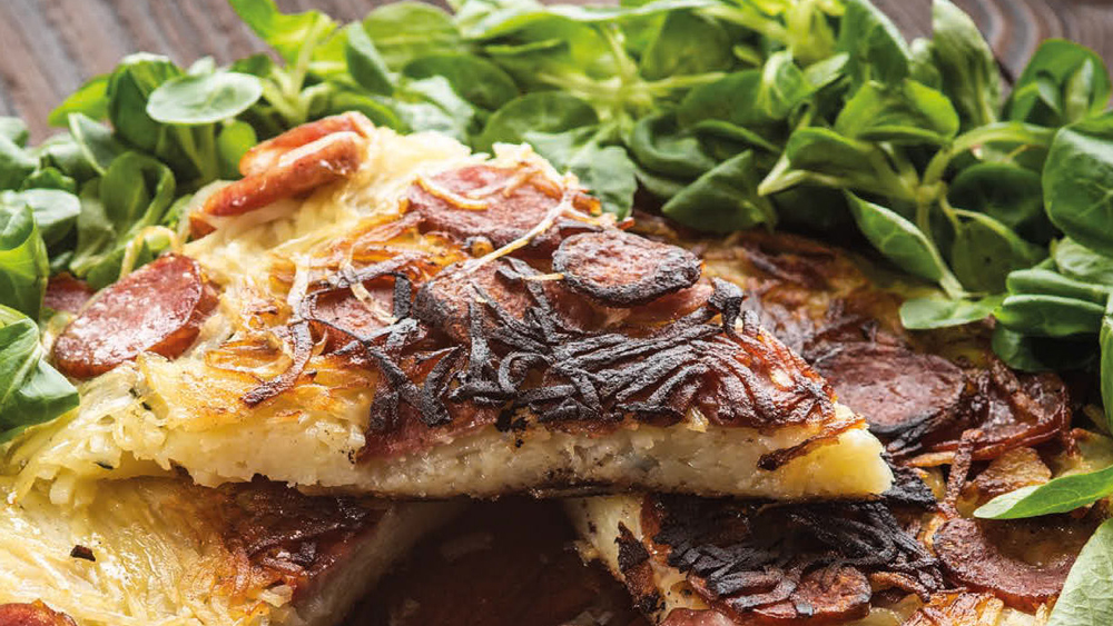 Potato and Montbéliard sausage galette