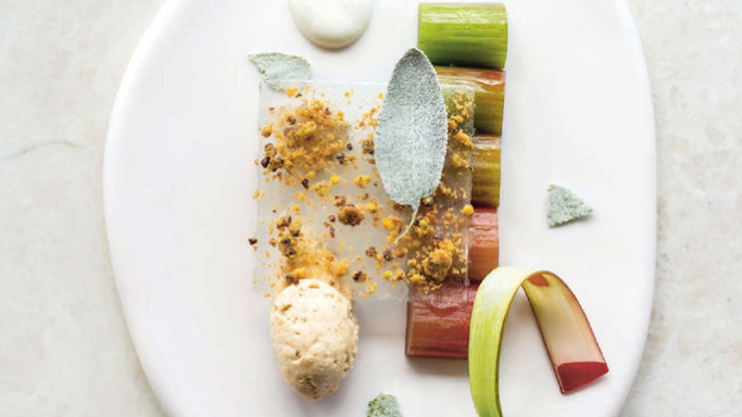 Poached rhubarb with lemon, fouace and orange-blossom cream