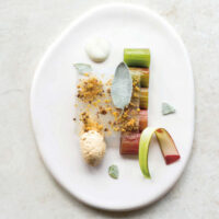 Poached rhubarb with lemon, fouace and orange-blossom cream